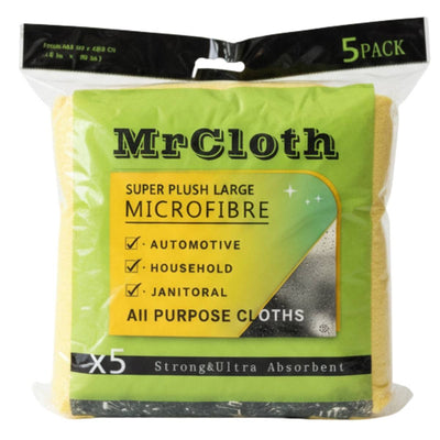 Mr Cloth - Super Plush Large Microfibre Cloths 5 Pack: Ultra-absorbent, strong, yellow large cloths ideal for automotive, household, or janitorial cleaning.