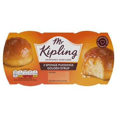 Packaging of Mr Kipling 2 Golden Syrup Sponge Puddings (2 x 95g) showcases appetizing pudding images, the Mr Kipling logo, and detailed product information.