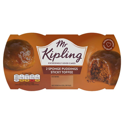 Packaging for Mr Kipling - 2 Sticky Toffee Sponge Puddings (2 x 95g) shows one whole and one cut pudding, revealing golden syrup sponge with rich sticky toffee sauce—classic Mr Kipling dessert.