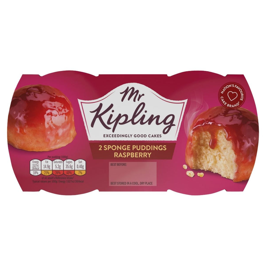 Mr Kipling - Raspberry 2 Sponge Puddings (2 x 95g) feature classic British-inspired desserts with raspberry sauce, shown on packaging with a pink background and tempting pudding image.