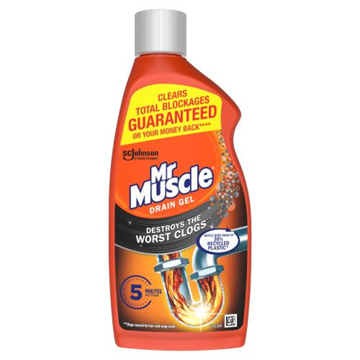 A bottle of Mr Muscle - Gel Sink & Drain Unblocker - 500ml cleaner.