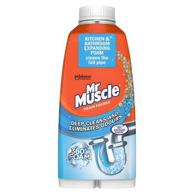 Mr Muscle - Kitchen & Bathroom Drain Foamer (500ml) delivers deep cleaning, odour elimination, and expanding foam—ideal for bathroom and kitchen drains to quickly tackle tough clogs.