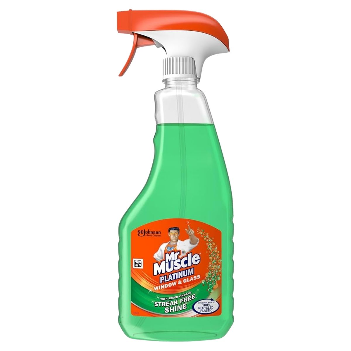 A 750ml bottle of Mr Muscle - Platinum Window & Glass Cleaner Spray with green liquid and an orange nozzle.