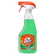 A 750ml bottle of Mr Muscle - Platinum Window & Glass Cleaner Spray with green liquid and an orange nozzle.