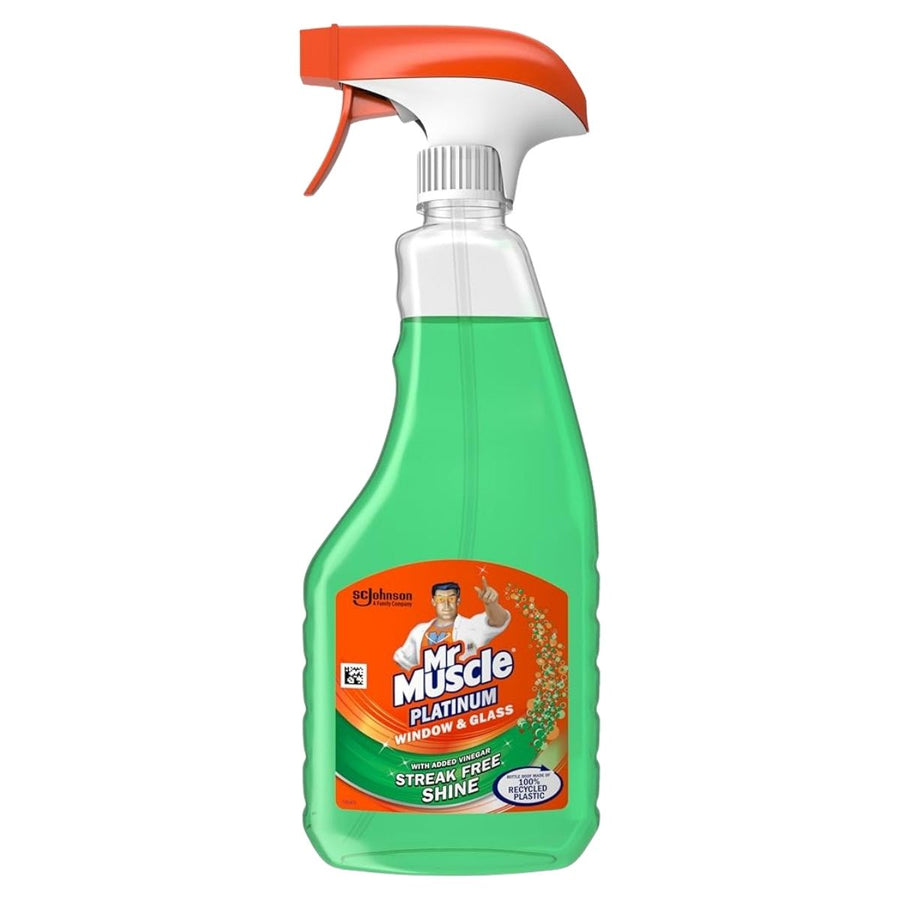 A 750ml bottle of Mr Muscle - Platinum Window & Glass Cleaner Spray with green liquid and an orange nozzle.