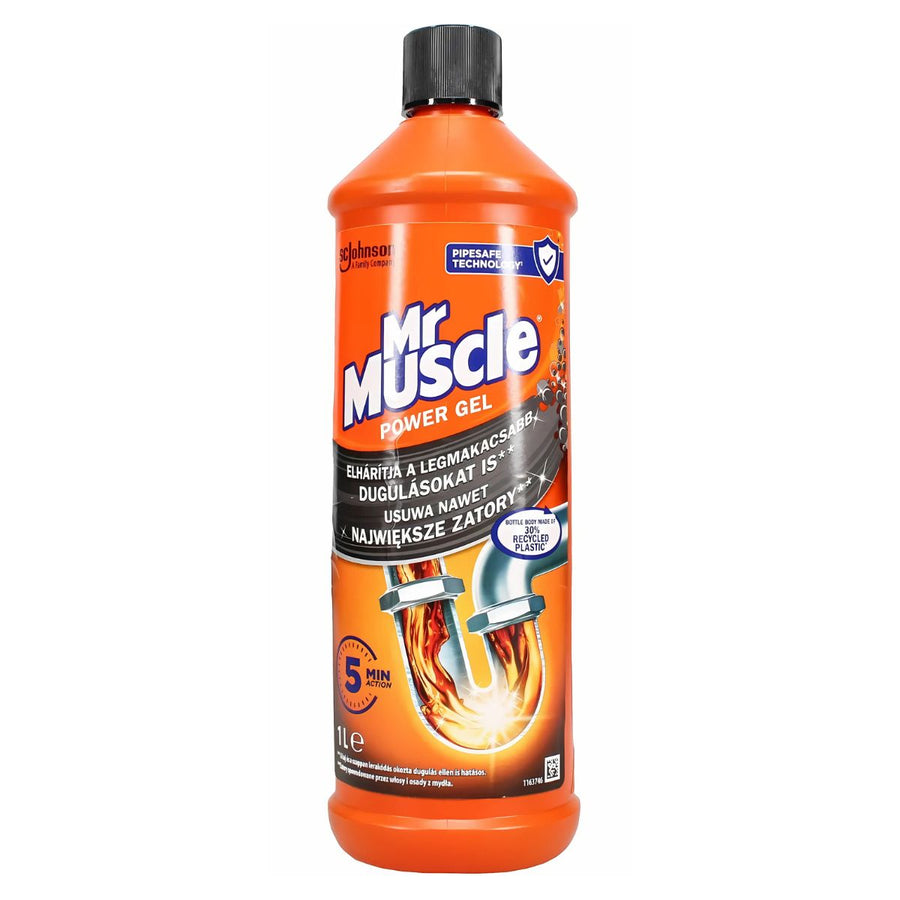 A 1-liter bottle of Mr Muscle - Professional Power Gel, designed to clear drain blockages in 5 minutes.