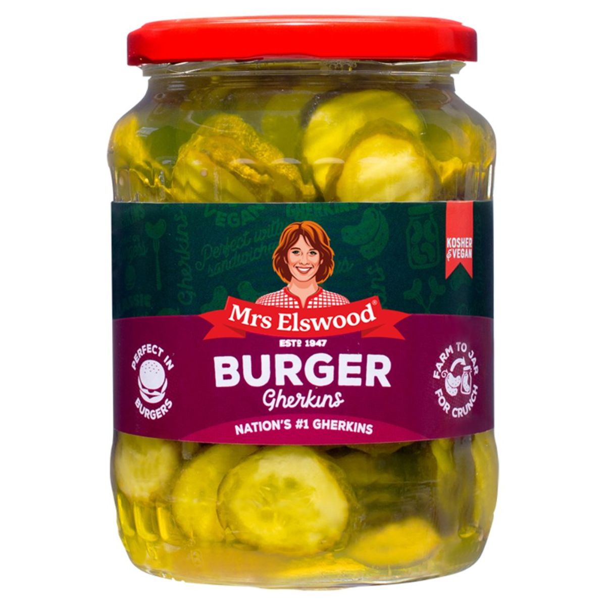 Jar of Mrs Elswood Burger Gherkins Pickled - 670g, showcasing pickle slices with a red lid. The label emphasizes "Kosher" and "Perfect in Burgers.