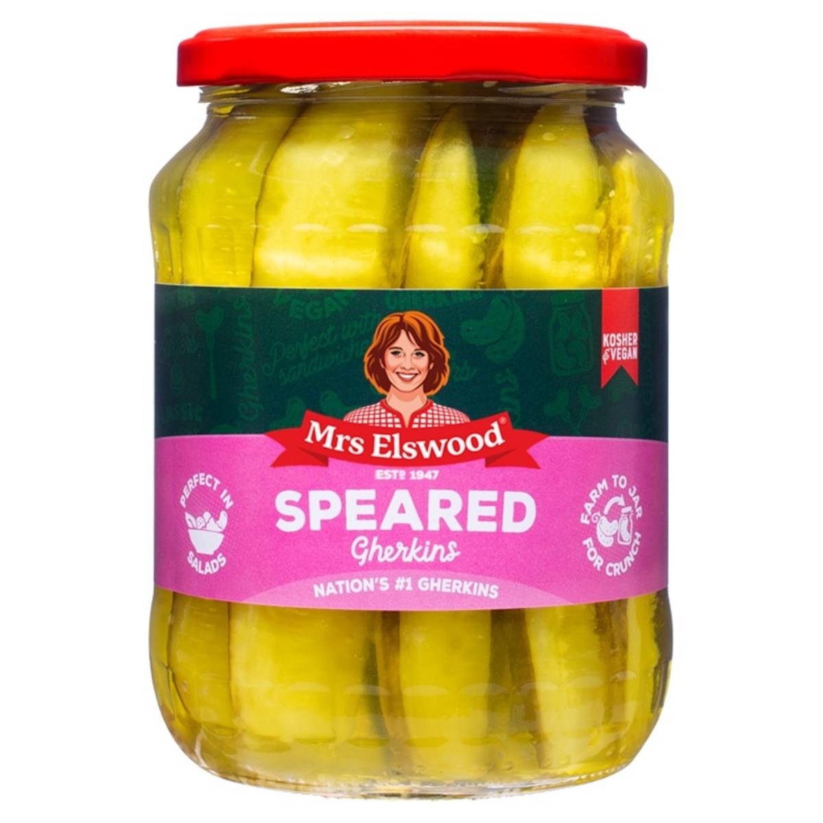 A jar of Mrs Elswood Sweet Cucumbers Spears, featuring a green and pink label with a logo and text indicating they are kosher and vegan.