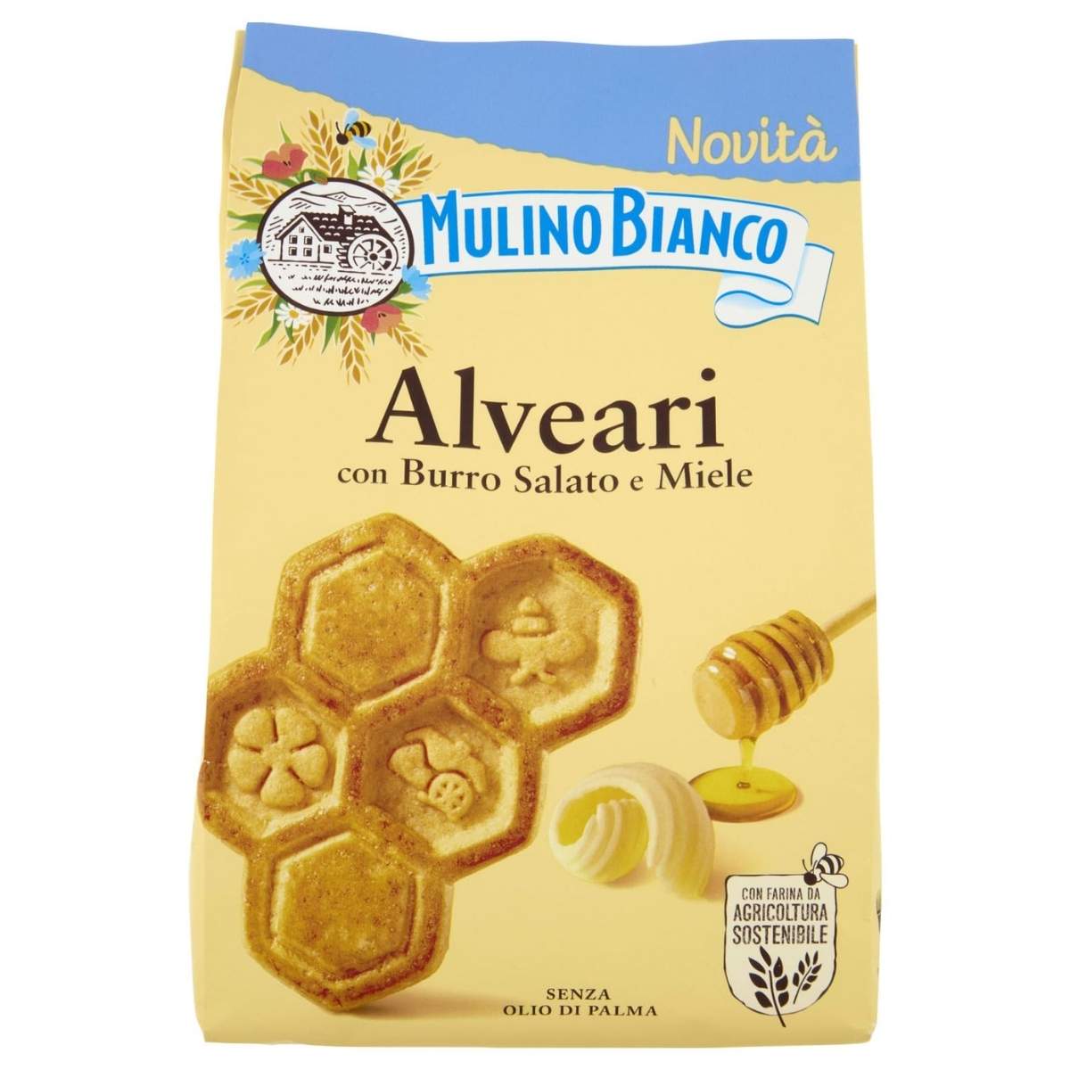 Packaging of Mulino Bianco 300g Alveari with honeycomb design and branding.