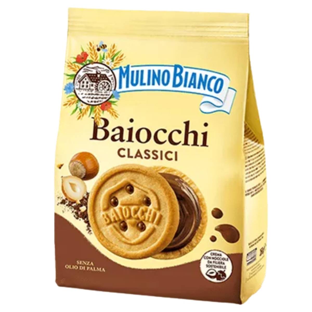 Packaging of Mulino Bianco 260g Baiocchi Classici cookies on a white background