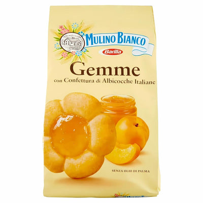 A 200g pack of Mulino Bianco Gemme Biscuits With Italian Apricot Jam, featuring images of the cookies, a jam jar, and apricots on a cream-colored background.