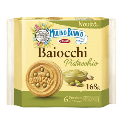 A 168g pack of Mulino Bianco Biscuits With Pistachio Cream features 6 portions of 3 biscuits each, filled with creamy pistachio filling.
