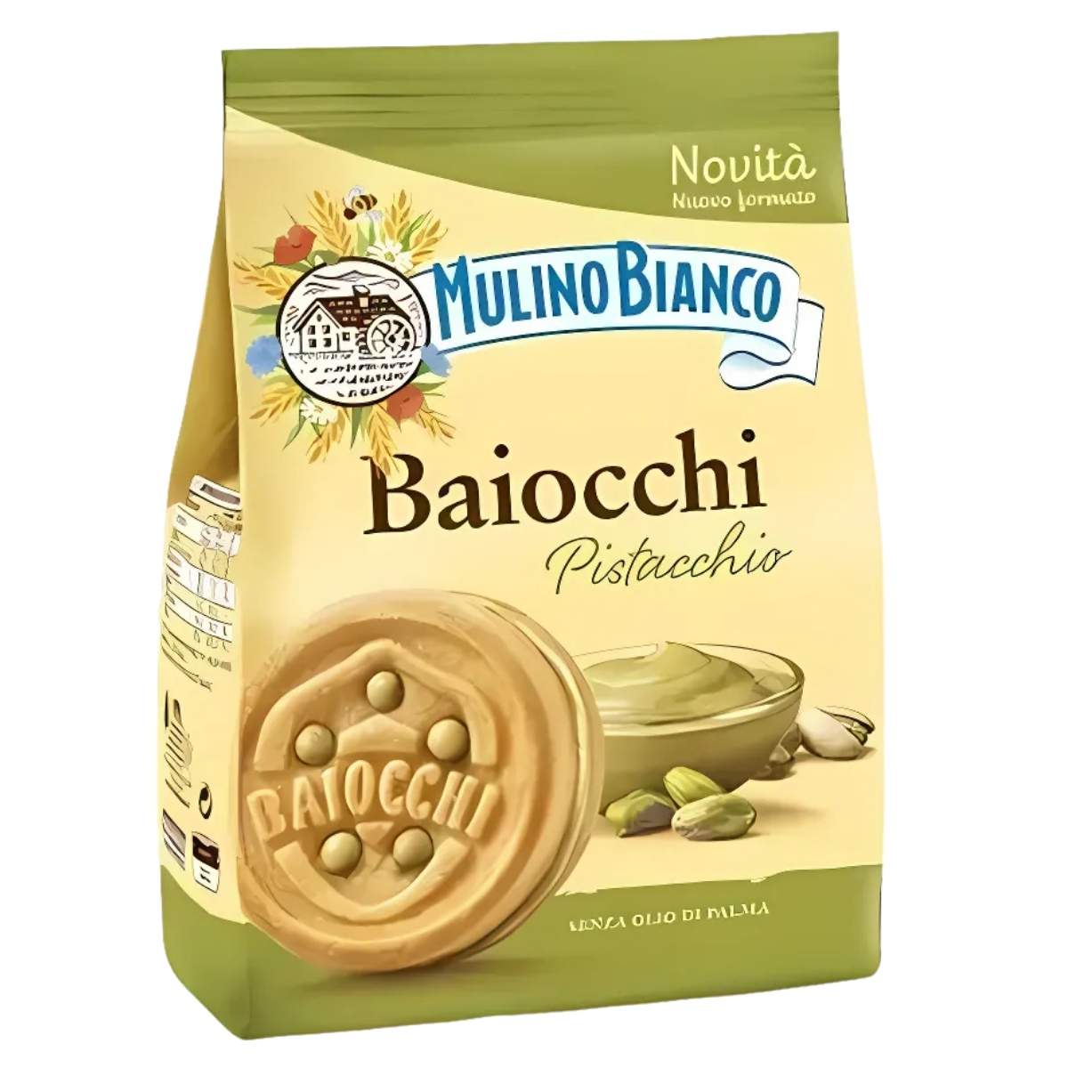 Package of Mulino Bianco Biscuits With Pistachio Cream, featuring an enticing image of sweet and savory snacks alongside vibrant pistachios.