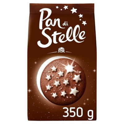 A 350g pack of Mulino Bianco Chocolate Biscuits With Sugar Stars features the signature large chocolate cookie with white sugar stars on the front—an ideal sweet snack from Mulino Bianco.