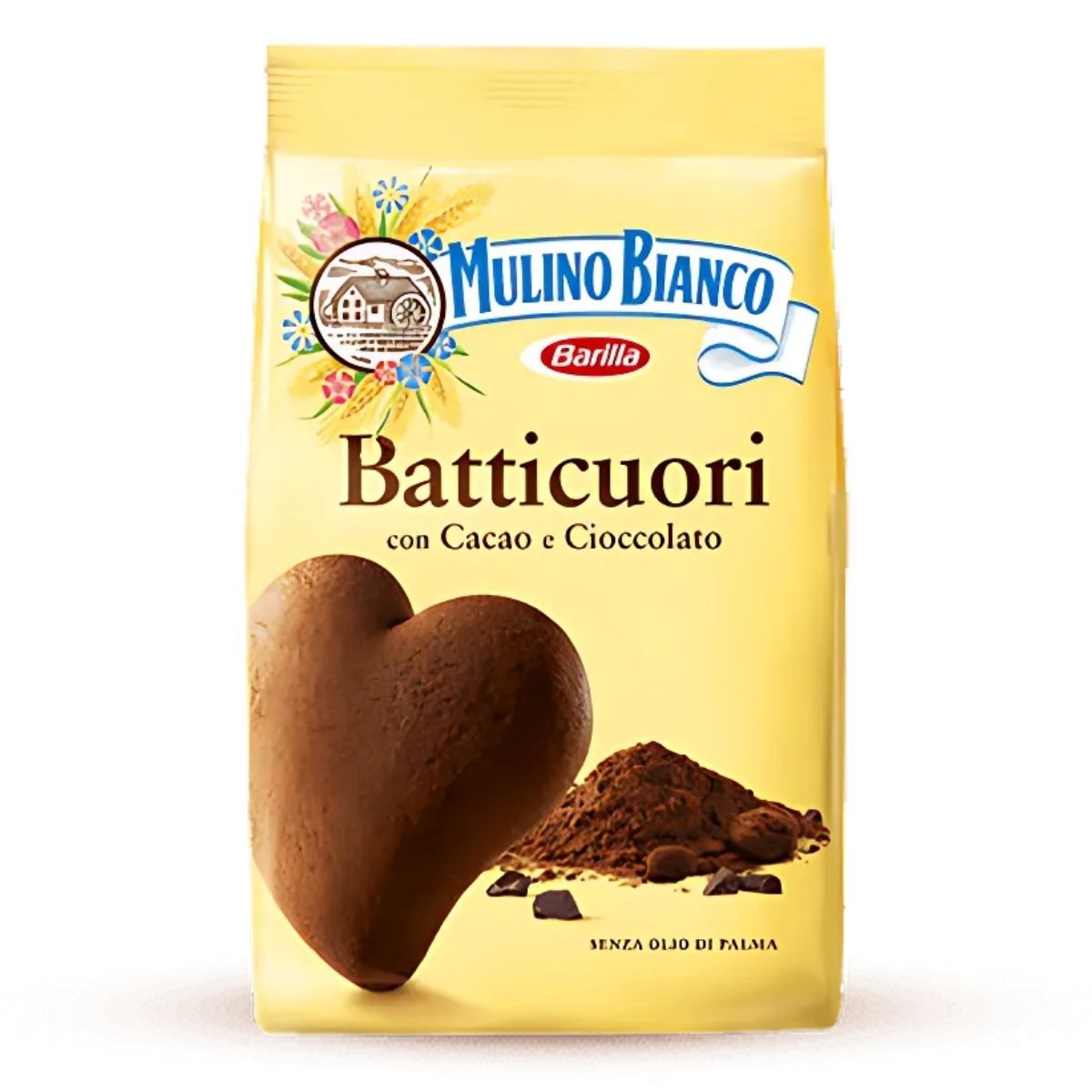 A 350g package of Mulino Bianco Cocoa and Dark Chocolate Batticuori biscuits comes in a yellow bag featuring a heart-shaped cookie and cocoa powder, making it an irresistible sweet treat.