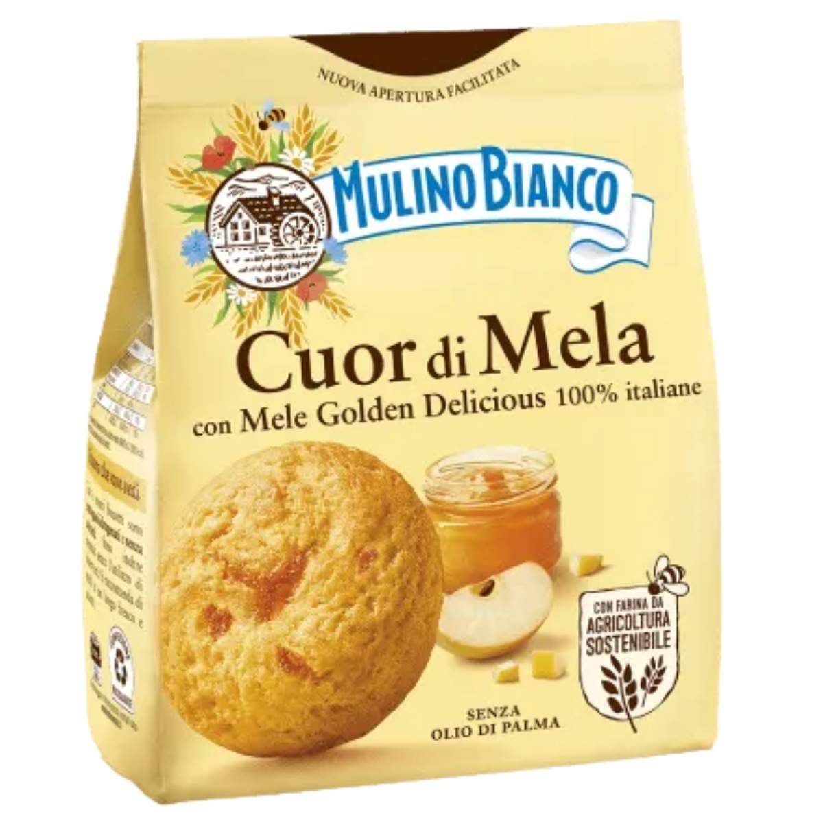 Mulino Bianco 250g Cuor di Mela package with an apple and honey jar on a white background