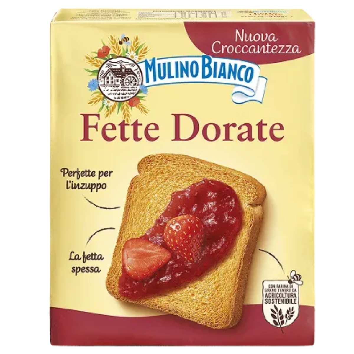 A 315g box of Mulino Bianco Fette Dorate Rusk, featuring crisp golden bread toast with strawberry jam and slices, displays Italian branding and text.