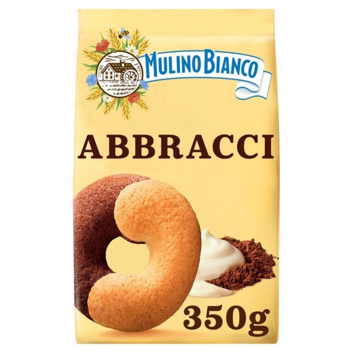 Bag of Mulino Bianco Half Cream Half Chocolate Biscuits, 350g. These delightful snacks combine half-vanilla and half-chocolate biscuits, with packaging showcasing a scoop of cream dusted with cocoa powder.