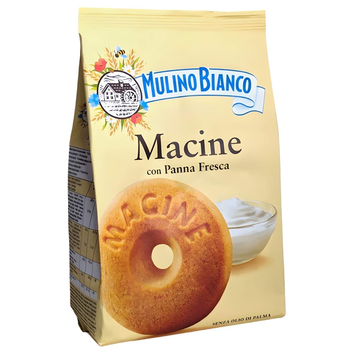 A 350g bag of Mulino Bianco Macine Shortbread Biscuits with fresh cream, featuring the brand's logo and images of a cookie and a bowl of cream on the front.