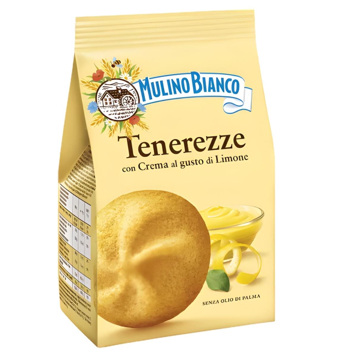 A 350g pack of Mulino Bianco Tenerezze Lemon Cream Biscuits, featuring a large Italian biscuit and a bowl of lemon cream on the front.