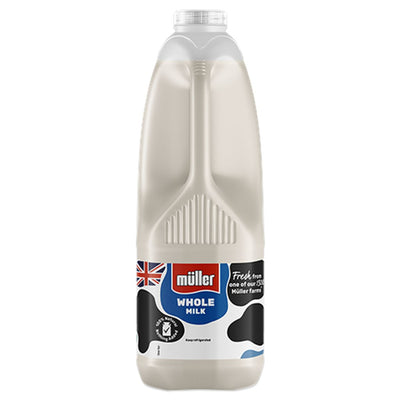 A 2L bottle of Muller Fresh Whole Milk features a blue label, black cow spots, and a British flag graphic on the front.