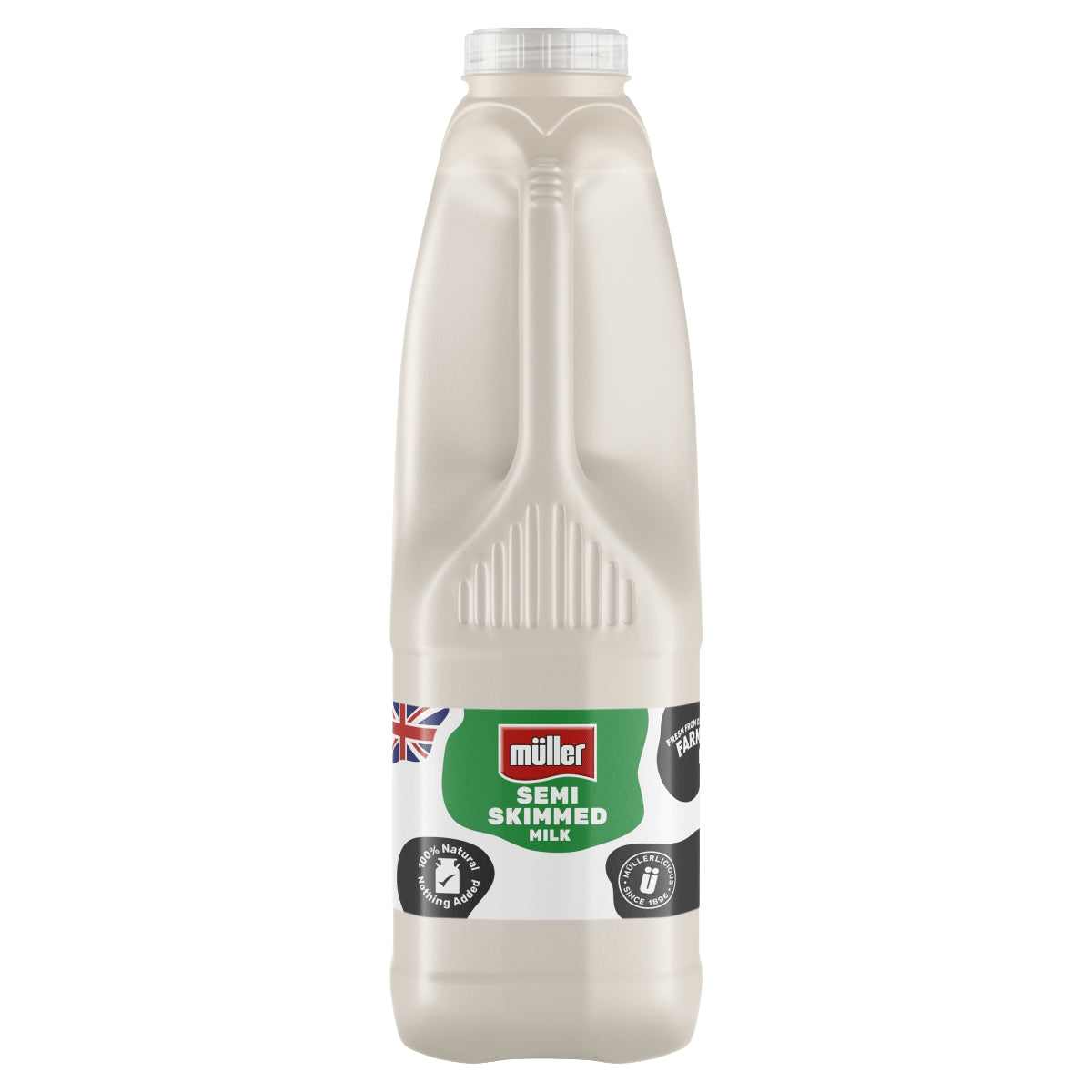 A 1-liter plastic bottle of Muller - Semi Skimmed Milk - 1L, featuring a green label, UK flag, and product icons, displayed against a white background. This Muller semi skimmed milk provides a creamy taste and is ideal for everyday use.