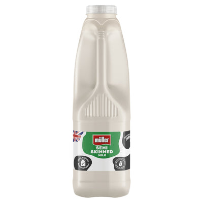 A 1-liter plastic bottle of Muller - Semi Skimmed Milk - 1L, featuring a green label, UK flag, and product icons, displayed against a white background. This Muller semi skimmed milk provides a creamy taste and is ideal for everyday use.