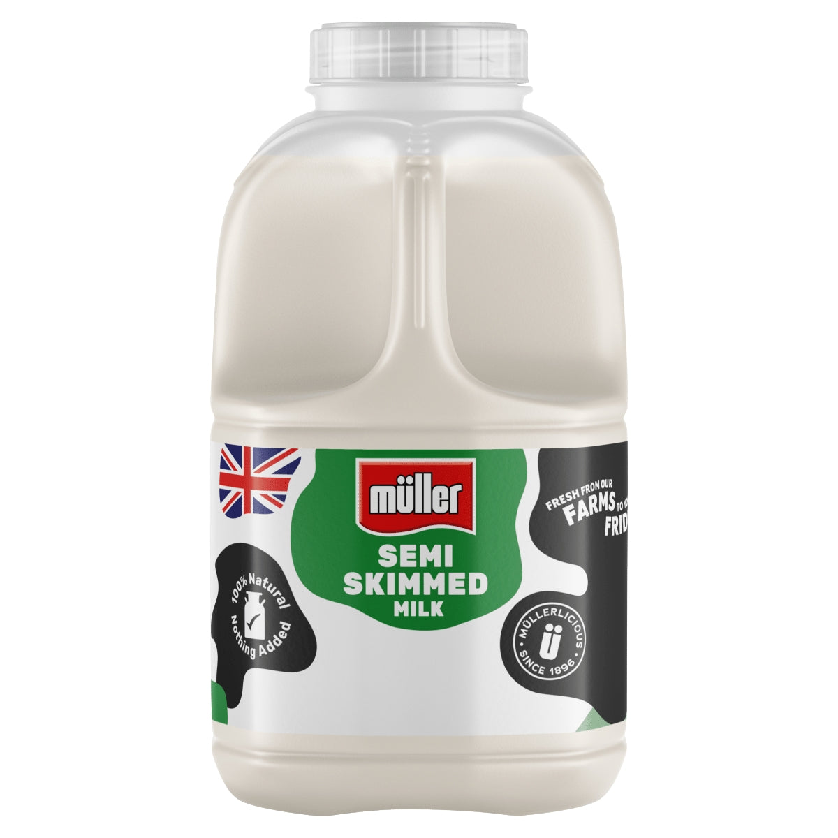 A 568ml plastic bottle of Muller Semi Skimmed Milk, branded with a green label and British flag, highlighting its fresh, natural quality with no additives.