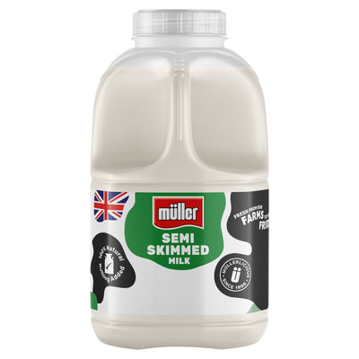 A 568ml plastic bottle of Muller Semi Skimmed Milk, branded with a green label and British flag, highlighting its fresh, natural quality with no additives.