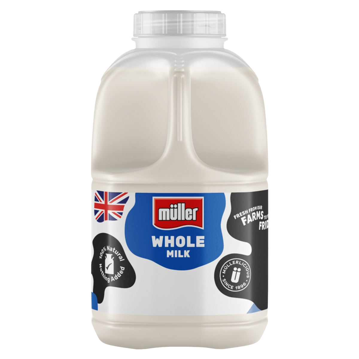 A 568ml plastic bottle of Muller Whole Milk with a blue label, British flag, and brand logo shown against a white background.