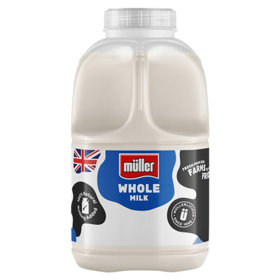A 568ml plastic bottle of Muller Whole Milk with a blue label, British flag, and brand logo shown against a white background.