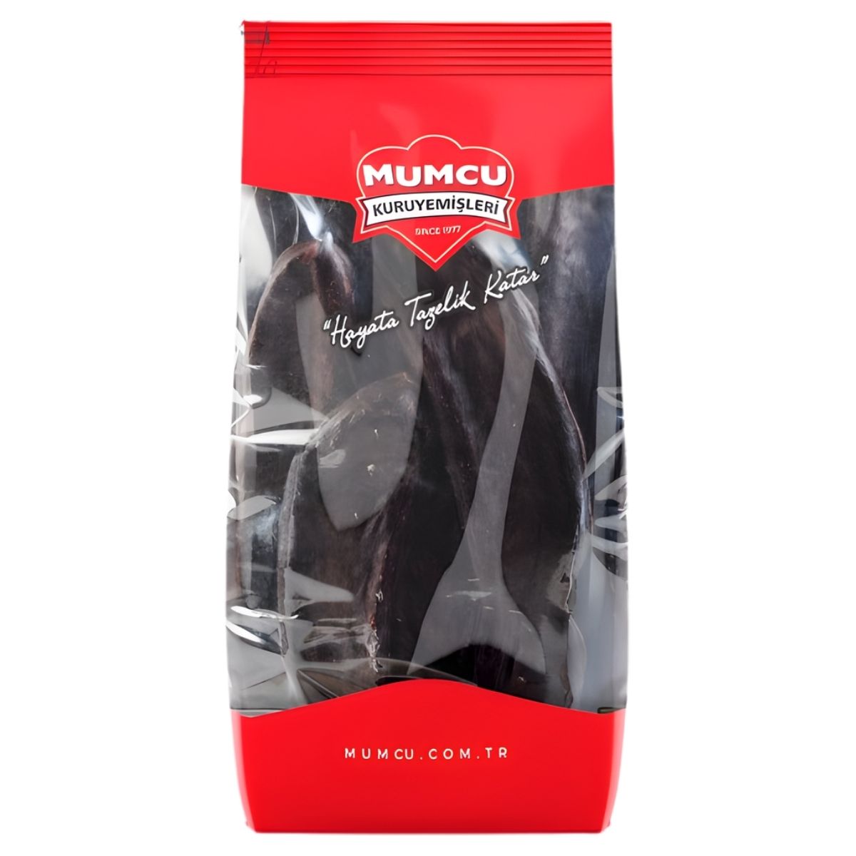 A clear plastic and red bag labeled "Mumcu" contains 400g of carob nuts—a healthy snack. The brand logo and website are visible on the packaging.