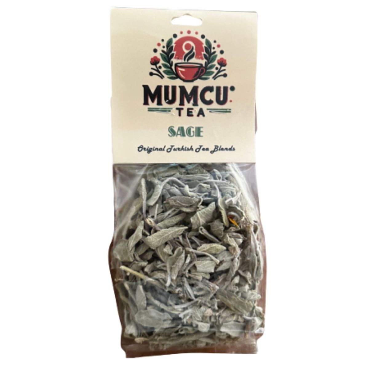 Packaged sage leaves from Mumcu Tea on a white background