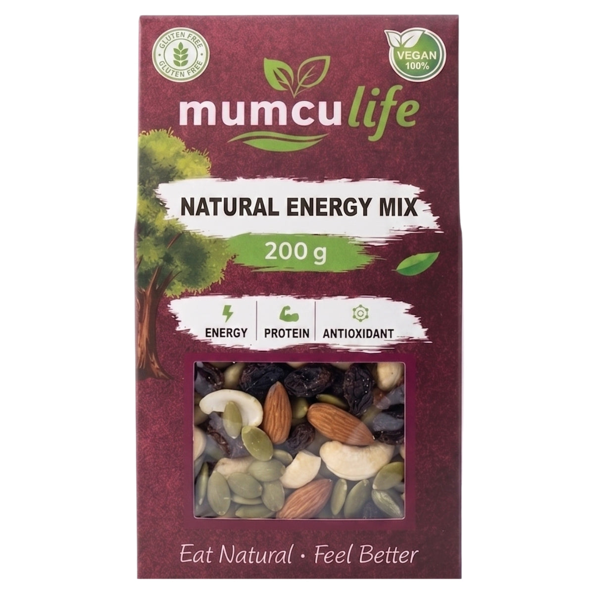 A 200g pack of Mumcu Life - Natural Energy Mix by Mumcu features a colorful assortment of nuts, seeds, and dried fruits, prominently labeled as vegan and gluten-free. The packaging emphasizes its natural energy boost, high protein content, and rich antioxidants.