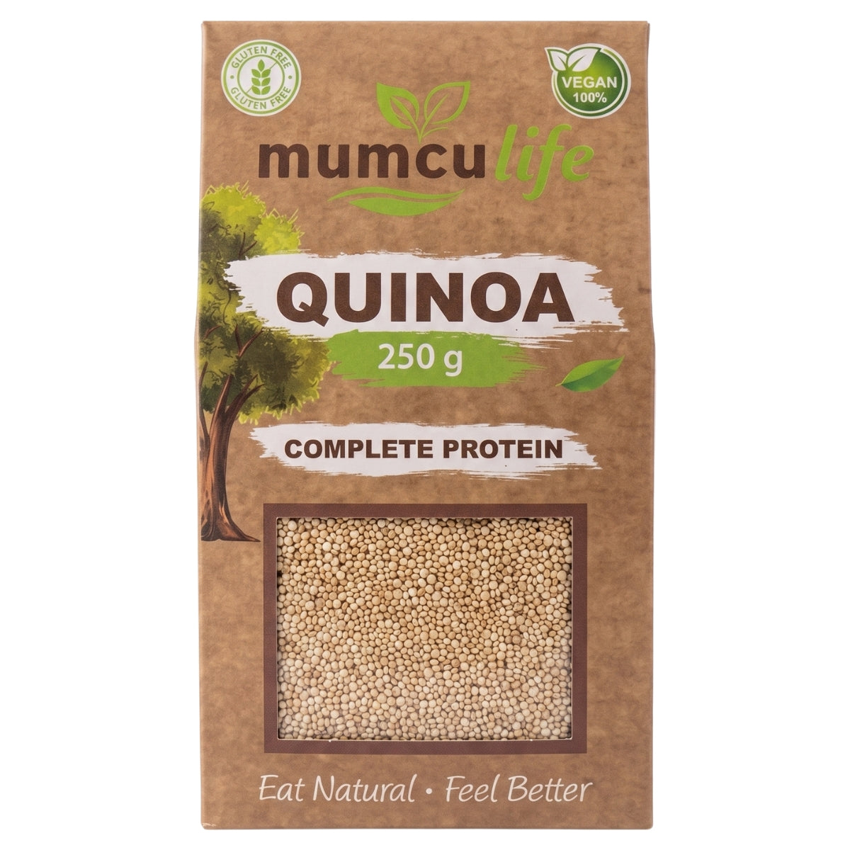 A 250g package of Mumcu Life Quinoa Complete Protein on a plain white background. The packaging is brown kraft paper with green and white text, a graphic of a tree, and a clear window showing the beige quinoa grains inside.