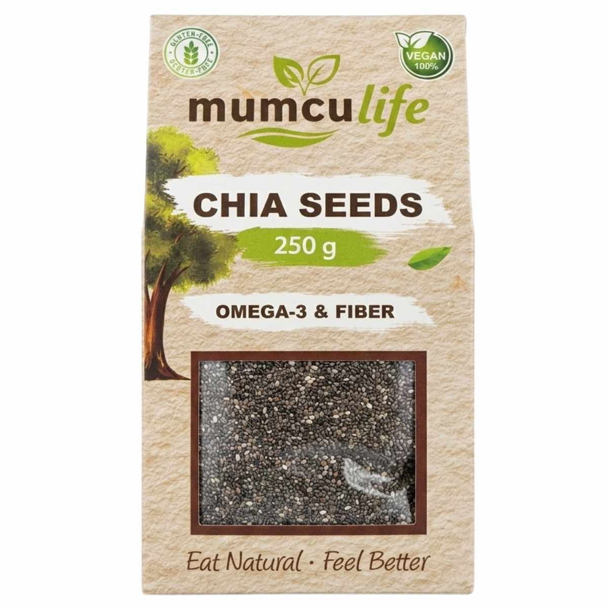 A 250g pack of Mumculife Chia Seeds by Mumcu, vegan, rich in omega-3 and fiber, with a clear window displaying the seeds inside.