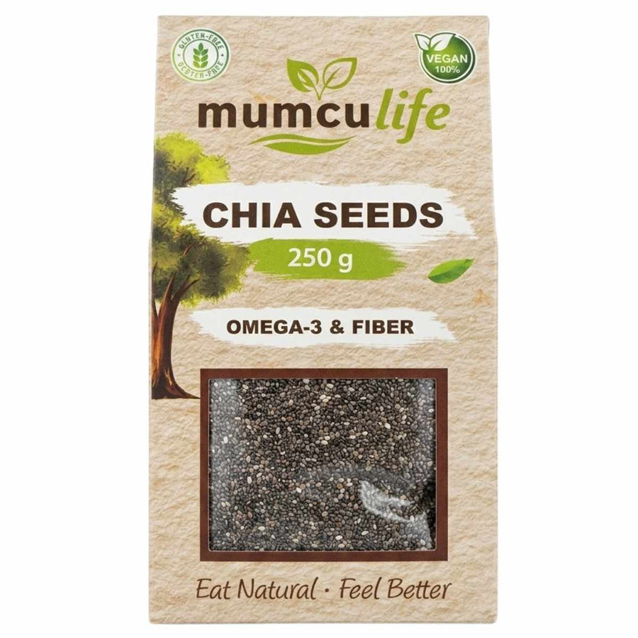 A 250g pack of Mumculife Chia Seeds by Mumcu, vegan, rich in omega-3 and fiber, with a clear window displaying the seeds inside.
