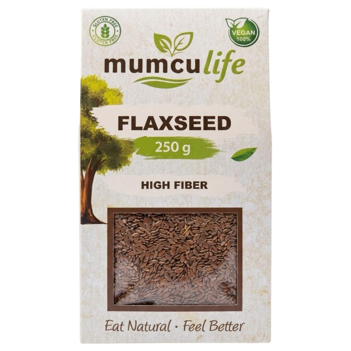 A 250g Mumculife Flax Seeds box from Mumcu, labeled "high fiber" with vegan and natural symbols, includes a transparent window displaying the seeds.