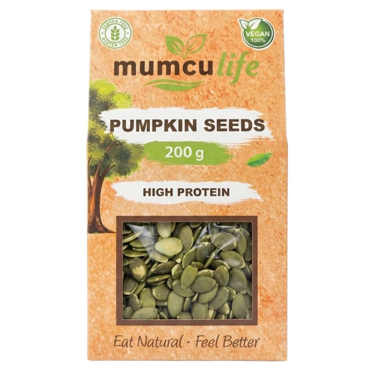 A 200g box of Mumculife Pumpkin Seeds by Mumcu, labeled high protein and vegan, features a window showing the seeds and the slogan "Eat Natural • Feel Better" at the bottom.