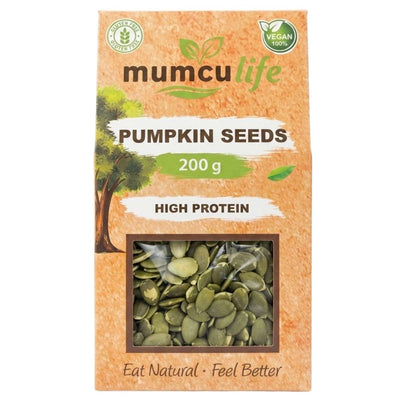 A 200g box of Mumculife Pumpkin Seeds by Mumcu, labeled high protein and vegan, features a window showing the seeds and the slogan "Eat Natural • Feel Better" at the bottom.