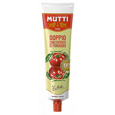 A 130g tube of Mutti Double Concentrate Tomato Paste, made from rich Italian tomatoes—an essential pantry staple for adding authentic flavor to your dishes.