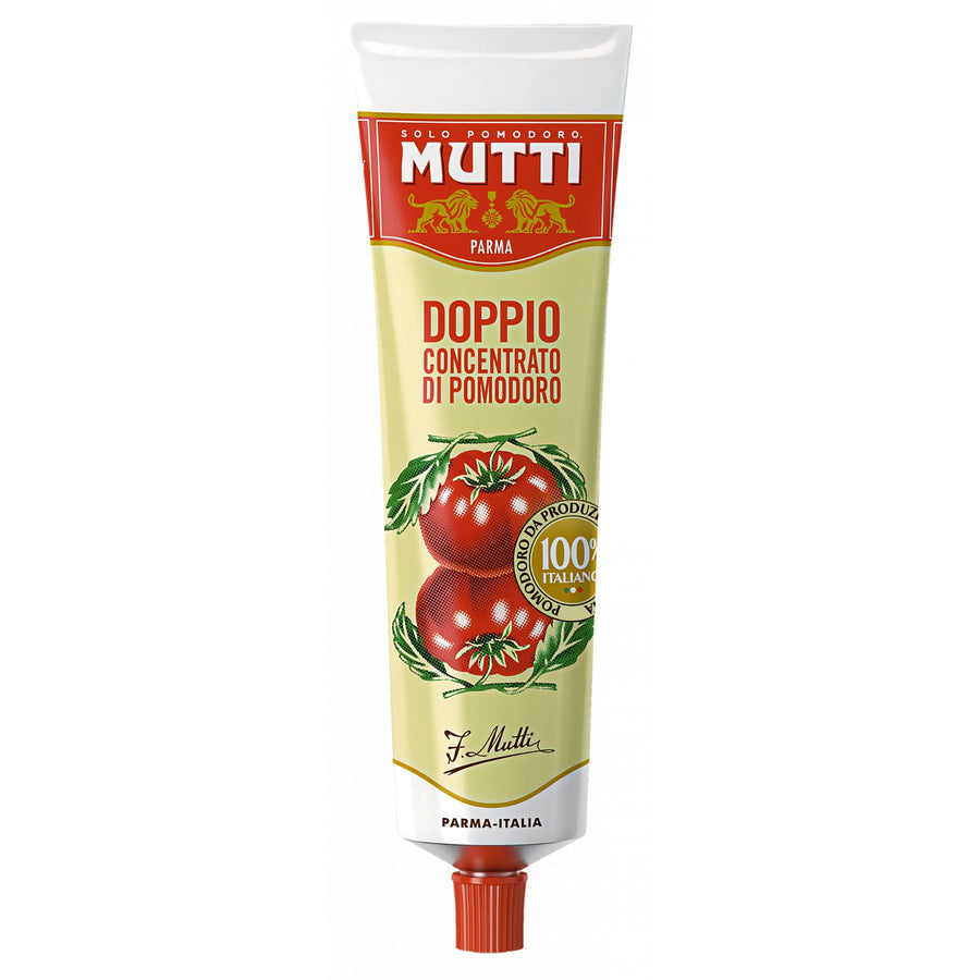 A 130g tube of Mutti Double Concentrate Tomato Paste, made from rich Italian tomatoes—an essential pantry staple for adding authentic flavor to your dishes.