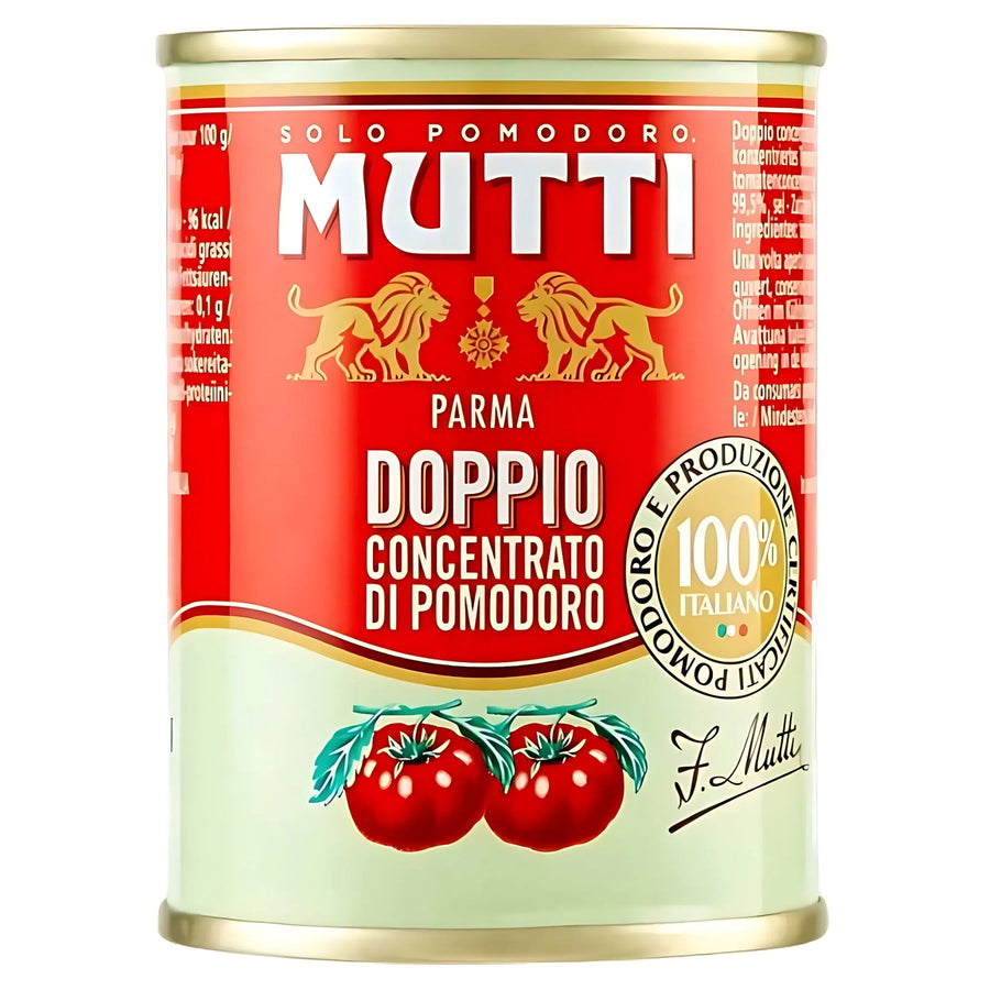 A 140g can of Mutti Double Concentrate Tomato Paste, with red and gold labeling, tomato images, and Italian text.