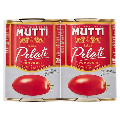 Mutti Peeled Tomatoes In Can 2 Pack (800g) features vibrant red and gold cans with tomato images, delivering authentic flavor perfect for all your favorite recipes.