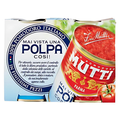 Two cans of Mutti - Polpa Finely Chopped Italian Tomatoes (2x400g) with Italian text and vibrant tomato images on the packaging.