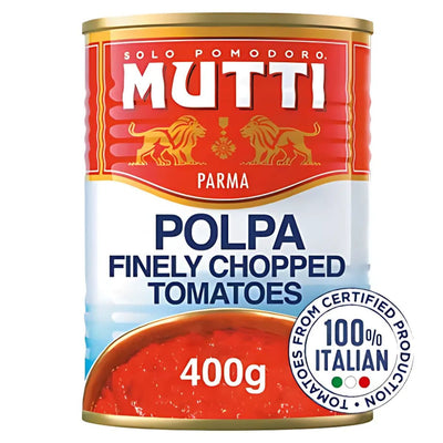 A 400g can of Mutti - Polpa Finely Chopped Italian Tomatoes, 100% Italian, featuring red, gold, and white packaging with an authentic tomato image at the bottom.
