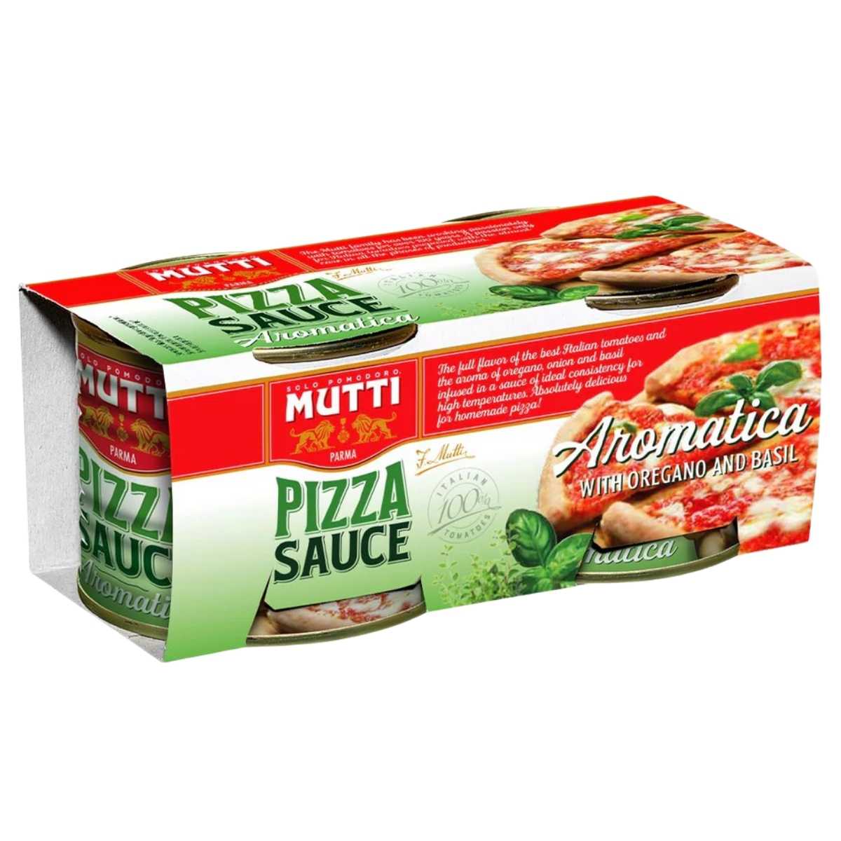 A twin-pack of Mutti Salsa per Pizza Aromatica (2 x 210g) pizza sauce with oregano and basil, featuring images of pizza and herbs on the packaging.