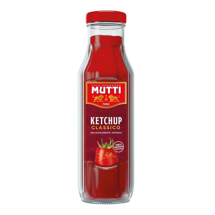 A 300g glass bottle of Mutti Tomato Ketchup Classico with a red cap and label, featuring tomatoes and text highlighting its authentic flavour, made from 100% Italian tomatoes.