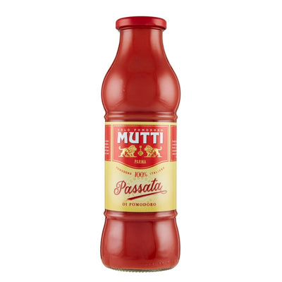 A 700g glass bottle of Mutti Tomato Puree with a red cap and yellow-red label featuring the brand name, perfect for adding authentic Italian flavor to your kitchen.