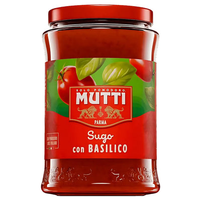 A 280g jar of Mutti Tomato Sauce With Basil features a red label decorated with images of ripe tomatoes and fresh basil leaves, capturing authentic Italian flavor.